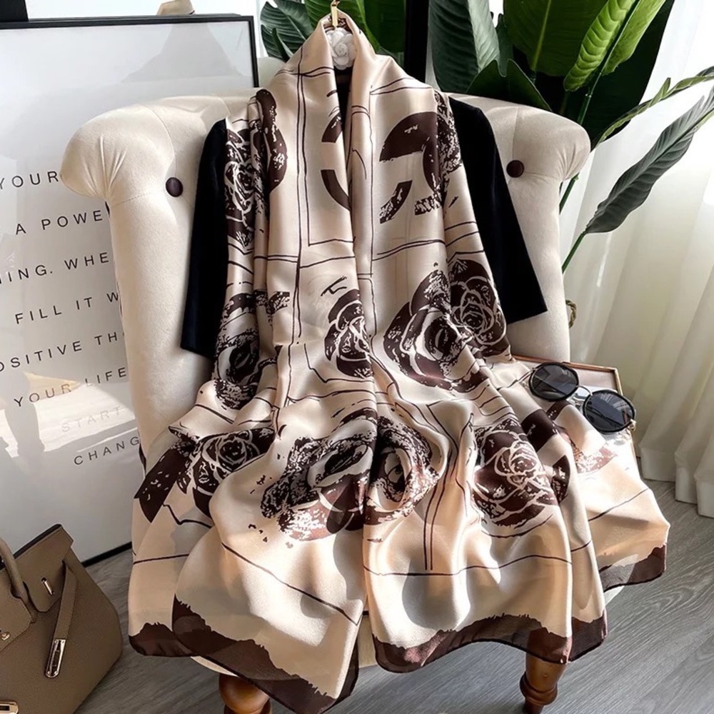 Bronzed Cream Silk Mixed Monogram Designer Inspired Luxury Oversized Scarf